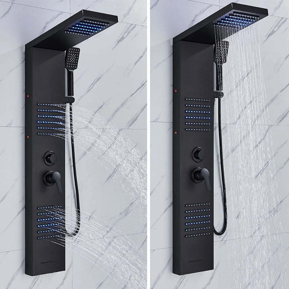 Rozin Black Shower Column LED Rainfall Bathroom Faucet with Massage Jet Bath Panel System  5 Modes Waterfall Hot Cold Mixer Tap