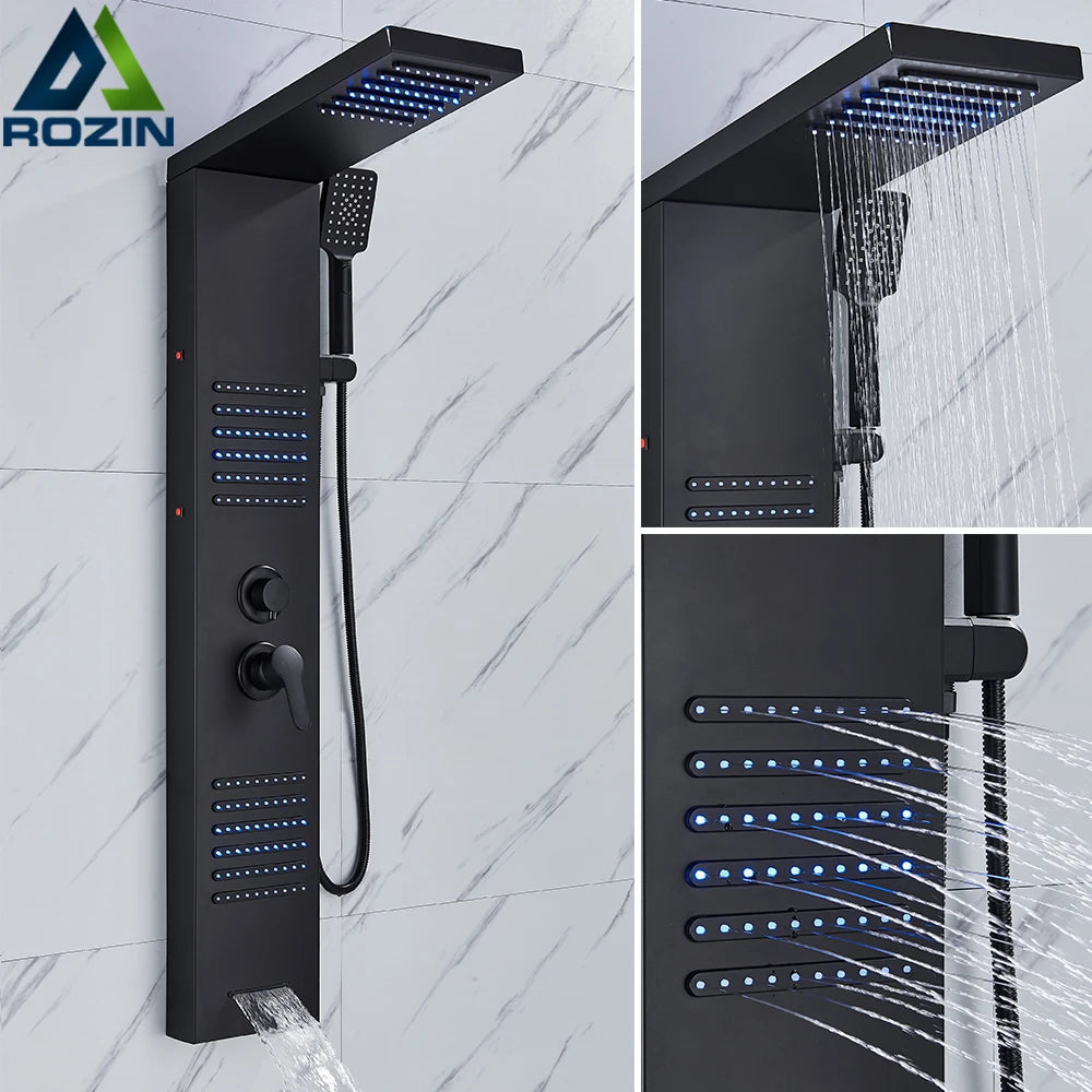 Rozin Black Shower Column LED Rainfall Bathroom Faucet with Massage Jet Bath Panel System  5 Modes Waterfall Hot Cold Mixer Tap
