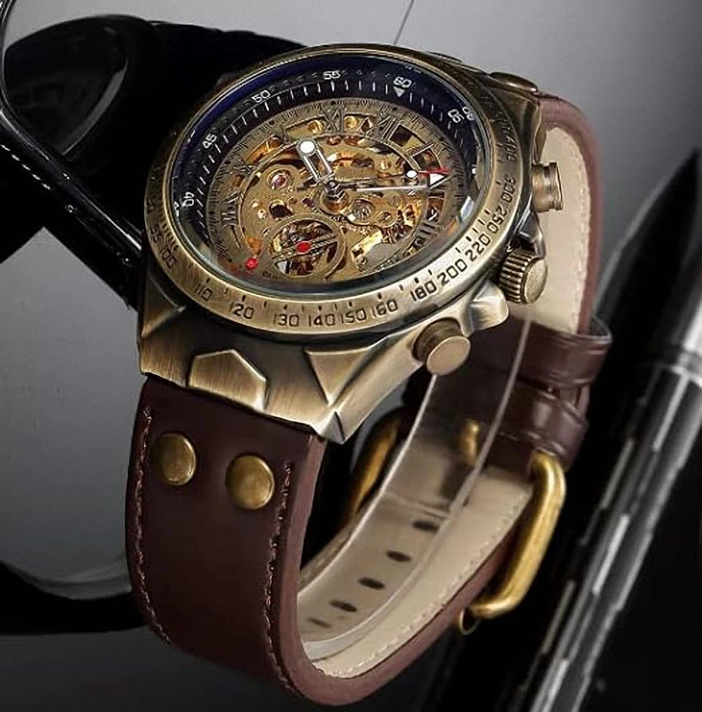 Bronze Retro Skeleton Automatic Mechanical Watch for Men Luminous Hand Brown Genuine Leather Belt Luxury Brand Steampunk Watches