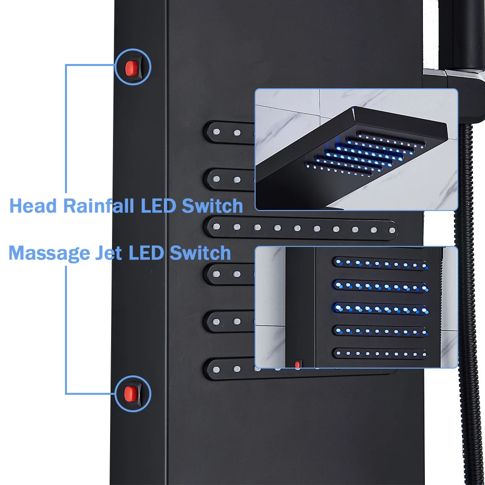 Rozin Black Shower Column LED Rainfall Bathroom Faucet with Massage Jet Bath Panel System  5 Modes Waterfall Hot Cold Mixer Tap