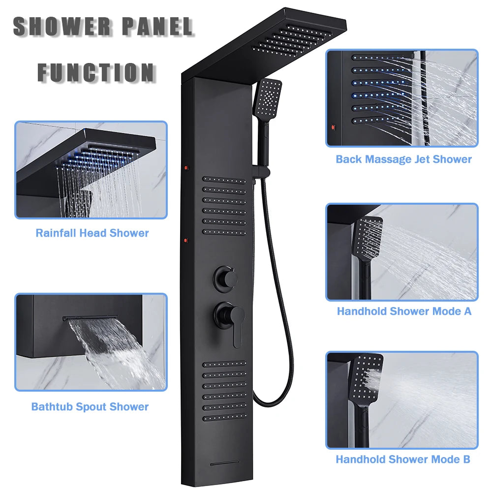 Rozin Black Shower Column LED Rainfall Bathroom Faucet with Massage Jet Bath Panel System  5 Modes Waterfall Hot Cold Mixer Tap