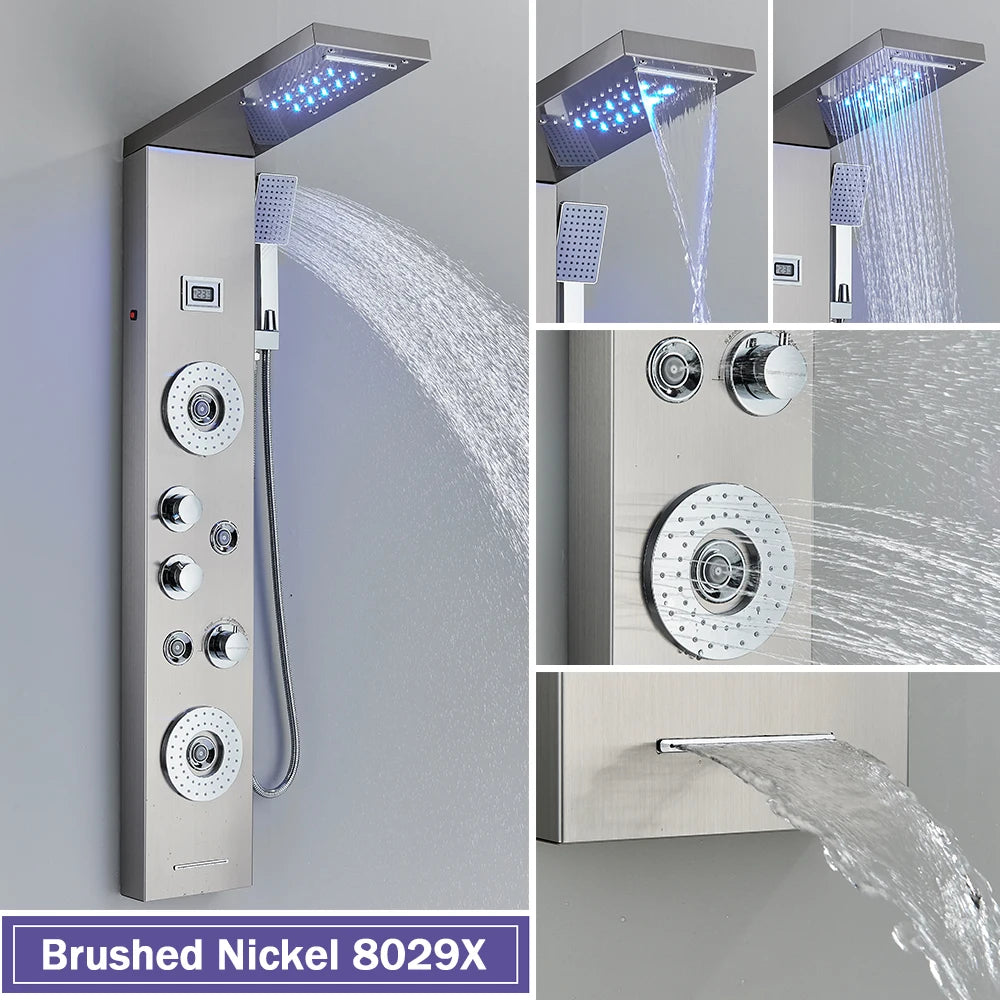 Rozin Black Shower Column LED Rainfall Bathroom Faucet with Massage Jet Bath Panel System  5 Modes Waterfall Hot Cold Mixer Tap