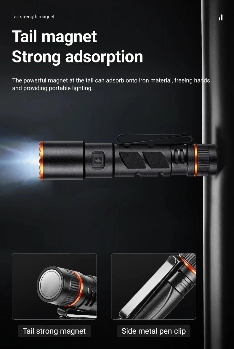 Mini Zoom EDC High Bright Pen Flashlight USB Rechargeable Magnet Portable Small Torch Outdoor Camping Hiking Emergency Lighting