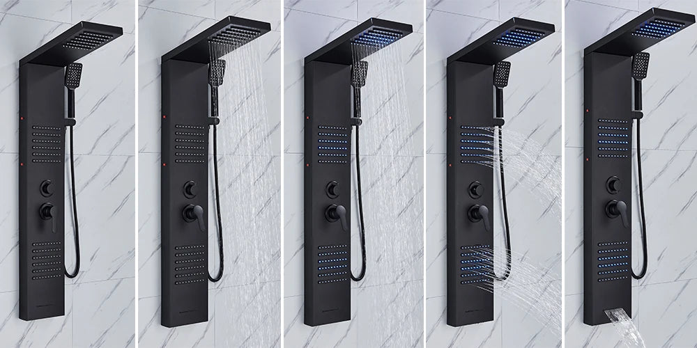 Rozin Black Shower Column LED Rainfall Bathroom Faucet with Massage Jet Bath Panel System  5 Modes Waterfall Hot Cold Mixer Tap