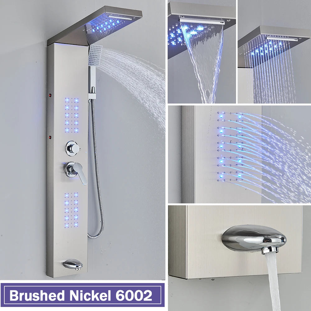 Rozin Black Shower Column LED Rainfall Bathroom Faucet with Massage Jet Bath Panel System  5 Modes Waterfall Hot Cold Mixer Tap