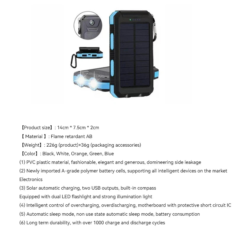 Solar Power Bank 80000mAh Portable Power Bank External Battery Fast Charging Strong Light LDE Light for All Smartphones