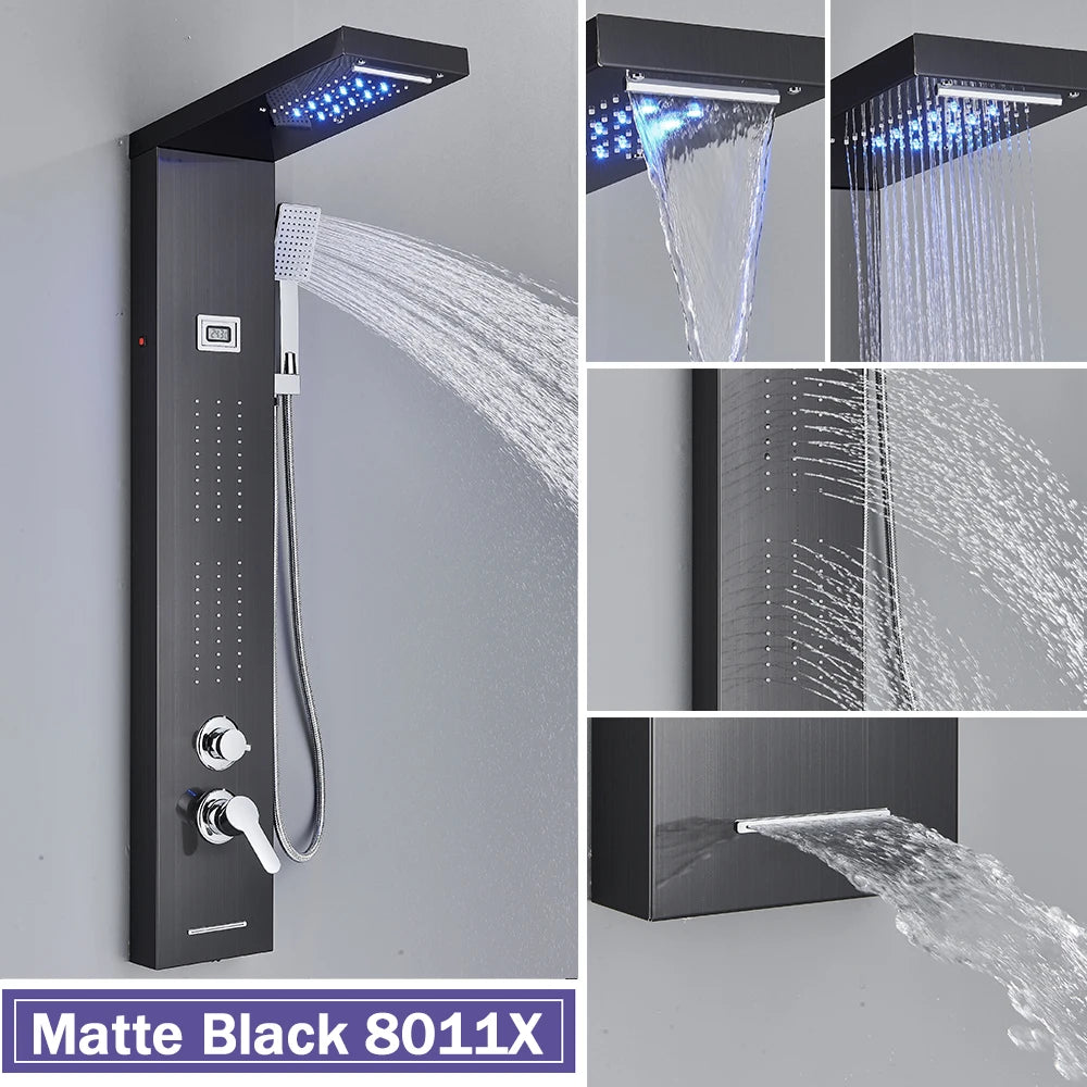 Rozin Black Shower Column LED Rainfall Bathroom Faucet with Massage Jet Bath Panel System  5 Modes Waterfall Hot Cold Mixer Tap