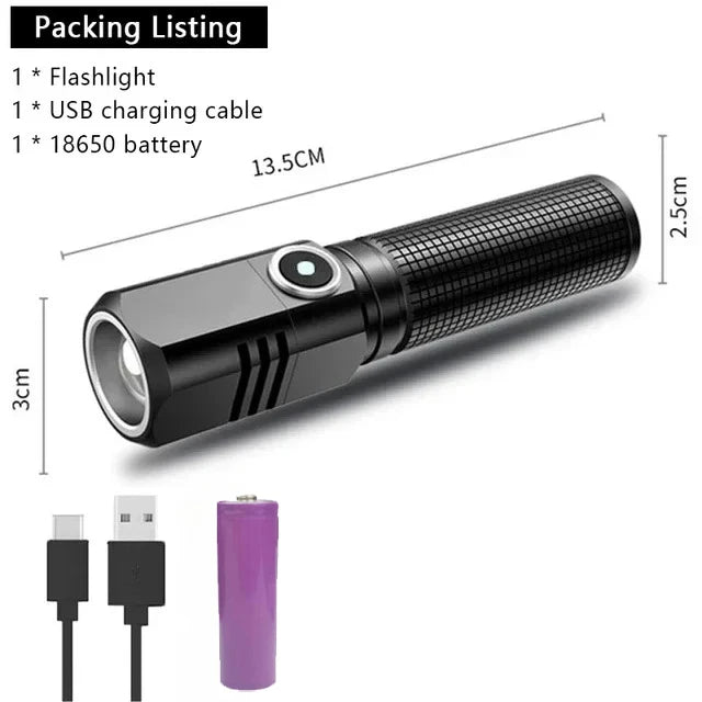 Super Bright Mini LED Flashlight USB Rechargeable Zoom Tactical Flashlight 3 Lighting Mode Outdoor Camping Fishing Torch