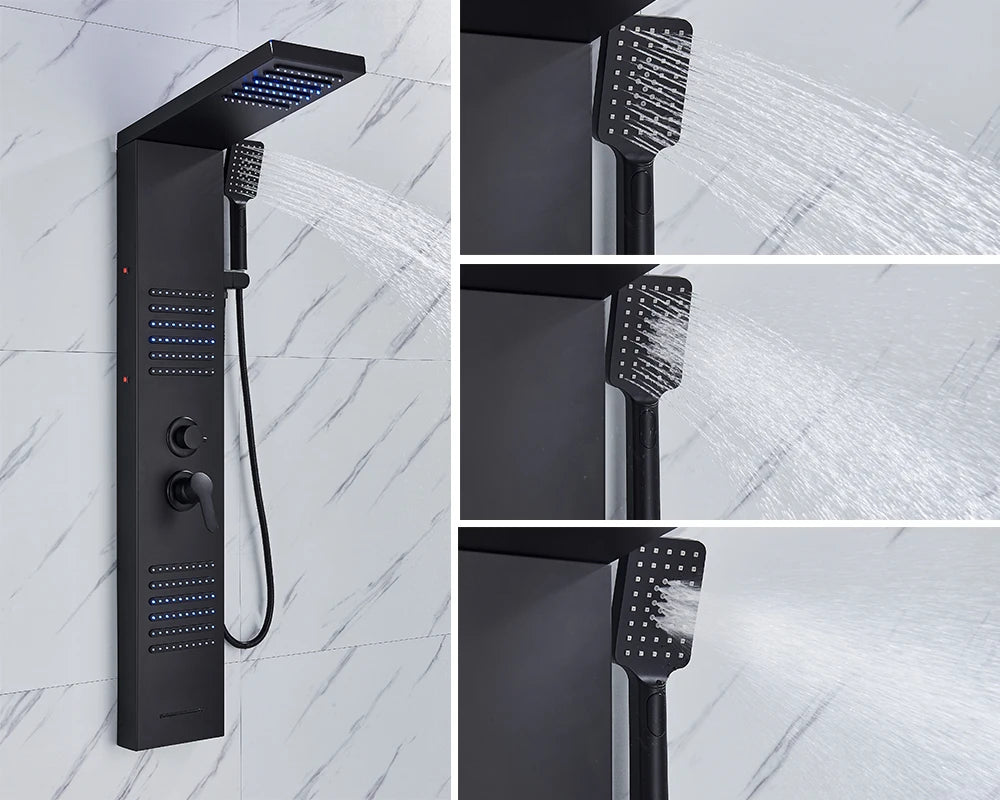 Rozin Black Shower Column LED Rainfall Bathroom Faucet with Massage Jet Bath Panel System  5 Modes Waterfall Hot Cold Mixer Tap