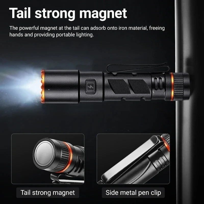 Mini Zoom EDC High Bright Pen Flashlight USB Rechargeable Magnet Portable Small Torch Outdoor Camping Hiking Emergency Lighting