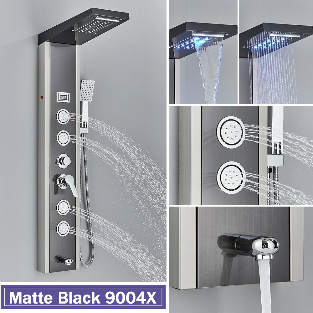 Rozin Black Shower Column LED Rainfall Bathroom Faucet with Massage Jet Bath Panel System  5 Modes Waterfall Hot Cold Mixer Tap