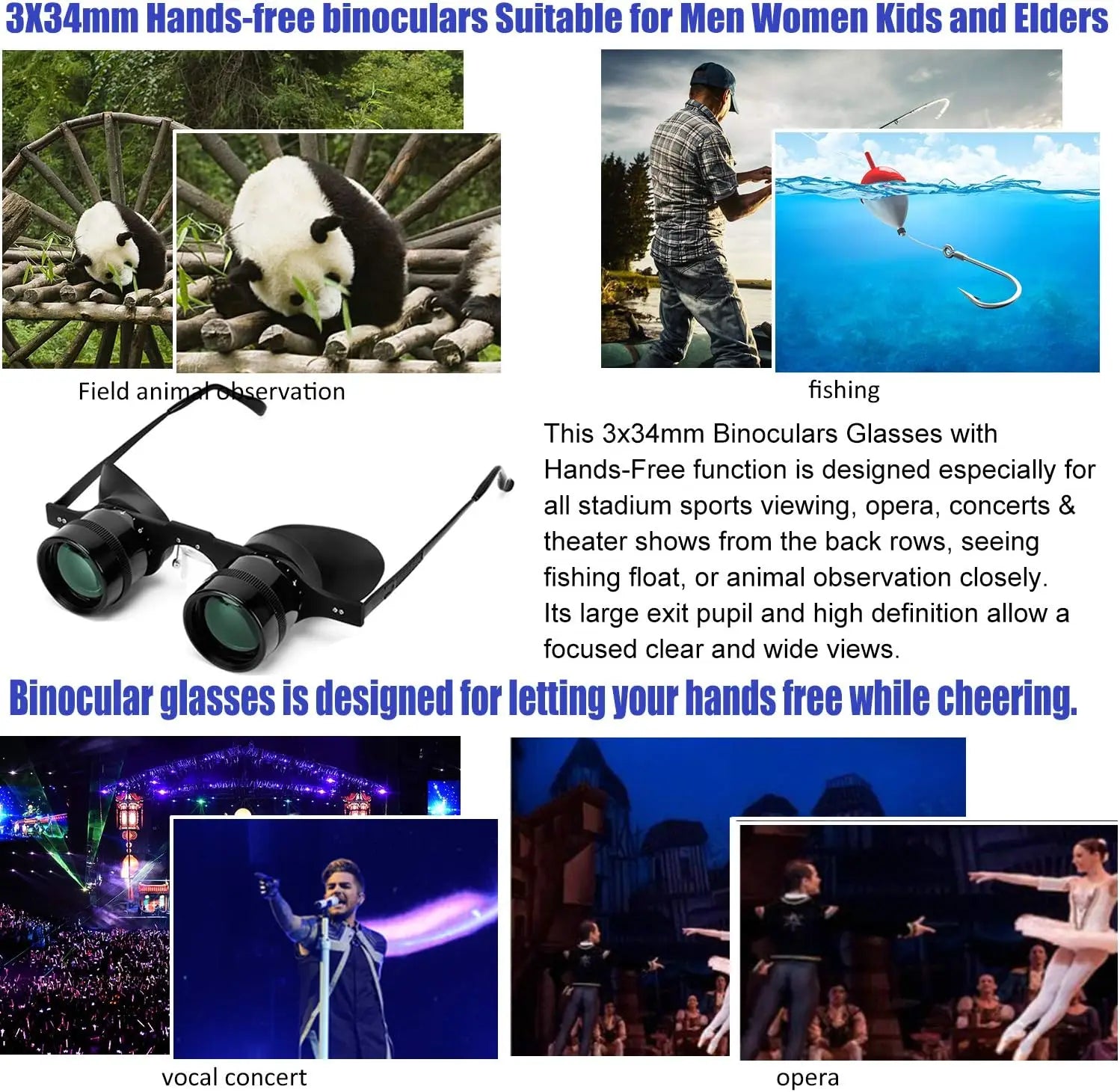 Fishing Binoculars for outdoor bird watching, fishing, sports, theater professional hands-free glasses HD portable telescope