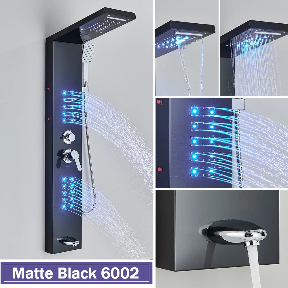 Rozin Black Shower Column LED Rainfall Bathroom Faucet with Massage Jet Bath Panel System  5 Modes Waterfall Hot Cold Mixer Tap