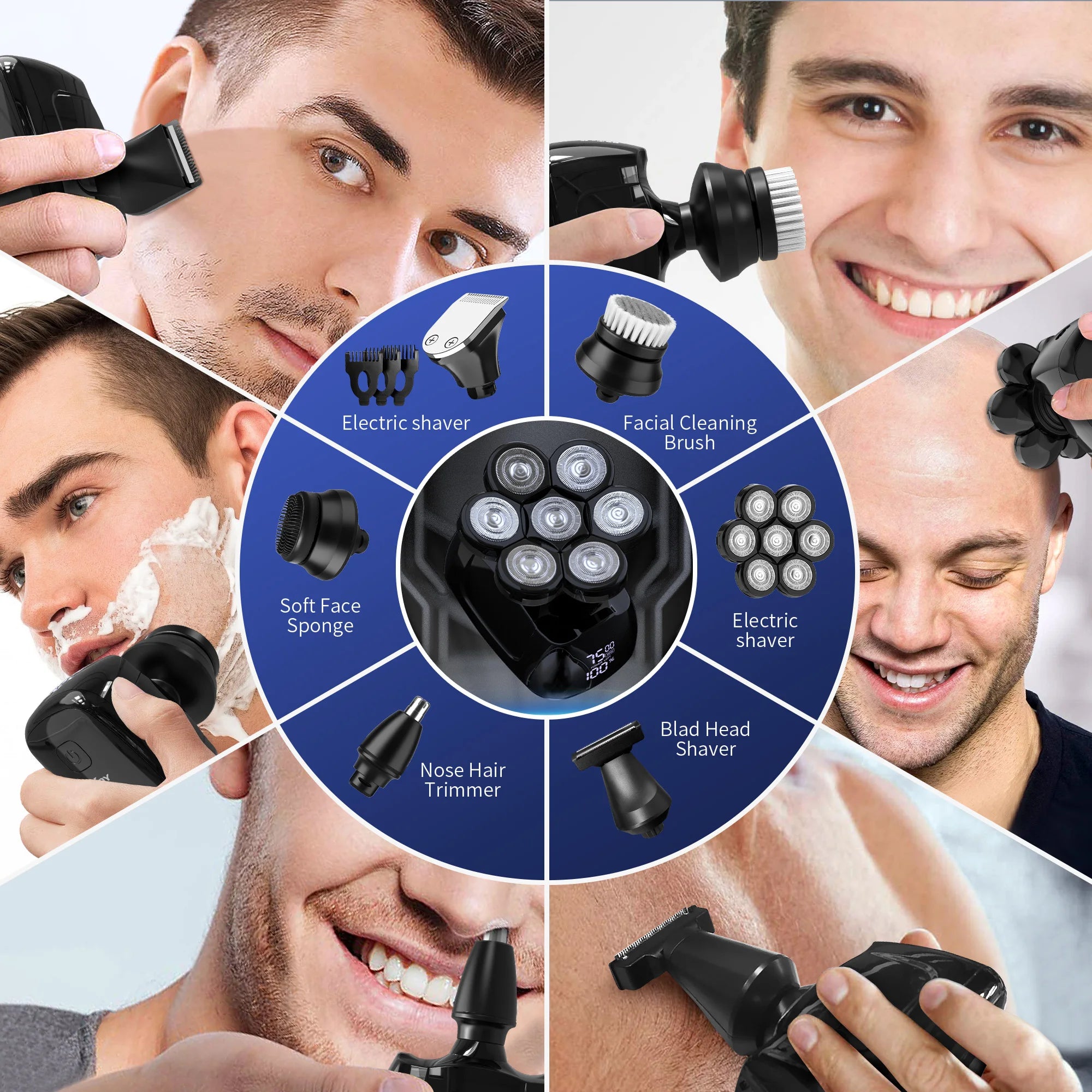SEJOY Head Shavers for Bald Men Multifunctional 7D 6-in-1 Electric Razor with Nose Hair Trimmer Waterproof Men Grooming Kit
